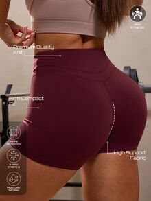 Solea Cove Solea Cove Women's Solid Color Asymmetric Waistband Casual Fitness Sports Shorts - Burgundy - View 6
