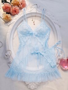 Crystal Vow 女款性感蕾絲網紗拼接洋裝 + G字褲 2件套 - 淺藍色 - 查看 1