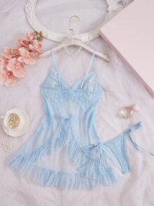 Crystal Vow 女款性感蕾絲網紗拼接洋裝 + G字褲 2件套 - 淺藍色 - 查看 4