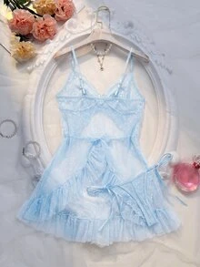 Crystal Vow 女款性感蕾絲網紗拼接洋裝 + G字褲 2件套 - 淺藍色 - 查看 2