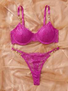 Crystal Vow 2pcs/Set Lace Underwire Bra Set For Women, Valentine's Day - Hot Pink - View 6