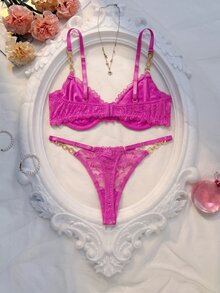 Crystal Vow 2pcs/Set Lace Underwire Bra Set For Women, Valentine's Day - Hot Pink - View 2