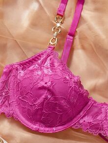 Crystal Vow 2pcs/Set Lace Underwire Bra Set For Women, Valentine's Day - Hot Pink - View 5