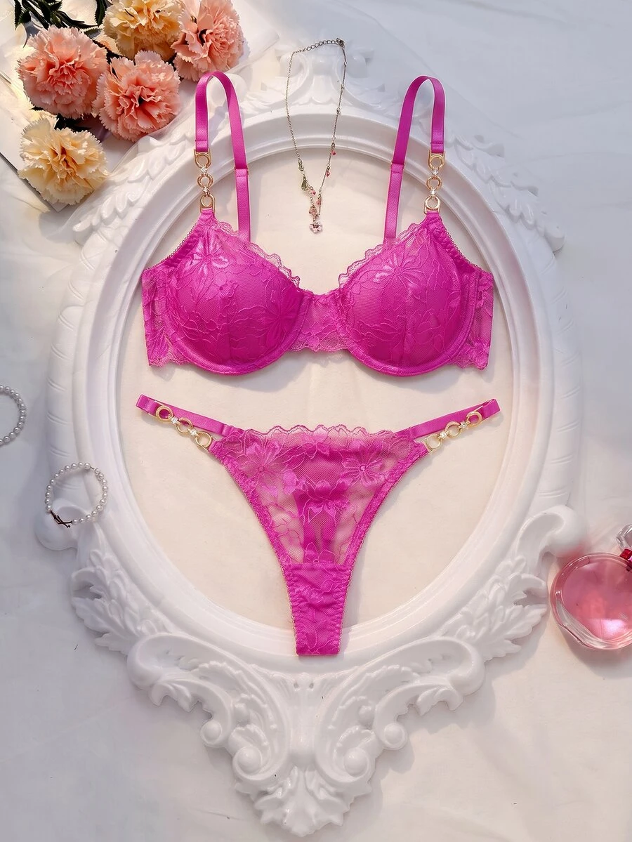 Crystal Vow 2pcs/Set Lace Underwire Bra Set For Women, Valentine's Day - Hot Pink - View 1