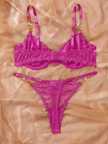 Crystal Vow 2pcs/Set Lace Underwire Bra Set For Women, Valentine's Day - Hot Pink - View 4