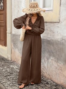 Brillora Ruffle Trim Surplice Neck Lantern Sleeve Textured Blouse & Wide Leg Pants Set,Two Pieces Set,Daily Commute,Office,Fall Clothes,Office Wear,Christmas - Brown - View 5