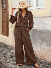 Brillora Ruffle Trim Surplice Neck Lantern Sleeve Textured Blouse & Wide Leg Pants Set,Two Pieces Set,Daily Commute,Office,Fall Clothes,Office Wear,Christmas - Brown - View 8