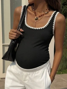 Dazy Maternity 對比飾邊彈性修身方領休閒居家百搭春秋孕婦背心與細肩帶上衣 度假款 - 黑色 - 查看 6