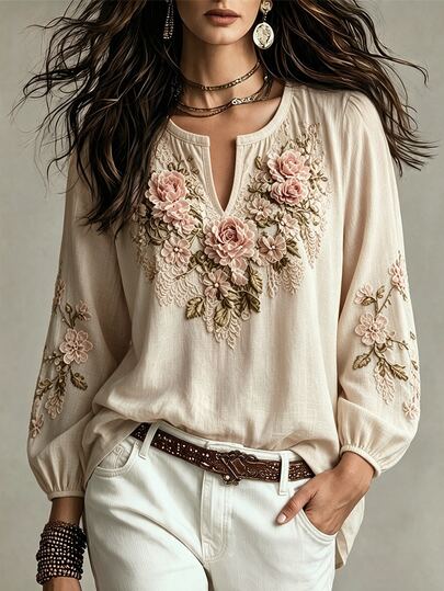 SHEIN Elegant Vintage Boho Vacation Long Sleeve Floral Print Women's Blouse, Suitable For Parties Date, Shopping, Commuting Clothes Country Beige,Concert