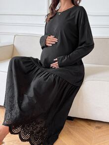 Dazy Maternity Solid Color Loose Long Round Neck Long Sleeve Patchwork Lace Casual Vacation Korean Style Spring Autumn Maternity Dress - Black - View 1