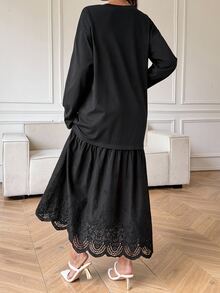 Dazy Maternity Solid Color Loose Long Round Neck Long Sleeve Patchwork Lace Casual Vacation Korean Style Spring Autumn Maternity Dress - Black - View 2