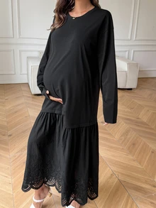 Dazy Maternity Solid Color Loose Long Round Neck Long Sleeve Patchwork Lace Casual Vacation Korean Style Spring Autumn Maternity Dress - Black - View 5