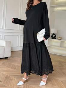Dazy Maternity Solid Color Loose Long Round Neck Long Sleeve Patchwork Lace Casual Vacation Korean Style Spring Autumn Maternity Dress - Black - View 4