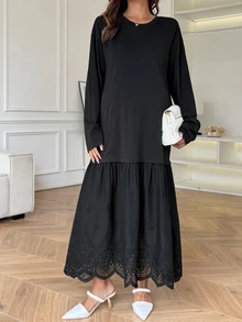 Dazy Maternity Solid Color Loose Long Round Neck Long Sleeve Patchwork Lace Casual Vacation Korean Style Spring Autumn Maternity Dress - Black - View 3