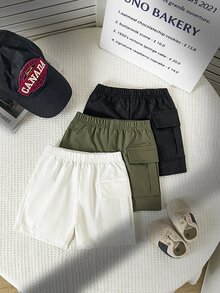 SHEIN 3入組男嬰休閒短褲 杏色、軍綠色、黑色 柔軟舒適 百搭款 適合日常穿著、戶外玩耍、上學、度假、運動與聚會 - 彩色 - 查看 8