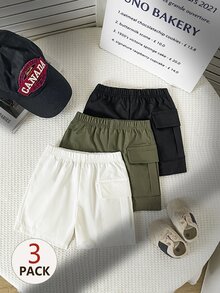 SHEIN 3入組男嬰休閒短褲 杏色、軍綠色、黑色 柔軟舒適 百搭款 適合日常穿著、戶外玩耍、上學、度假、運動與聚會 - 彩色 - 查看 3