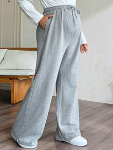 Dazy Maternity 純色寬鬆抽繩鬆緊腰長褲 休閒運動街頭風 秋冬孕婦運動褲 度假款 - 灰色 - 查看 5