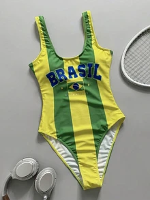 SHEIN Swim 世界盃足球巴西新款女式一件式雙肩帶泳衣，島嶼海灘度假休閒亮色泳池派對運動休閒女式泳裝 - 綠色 - 查看 2