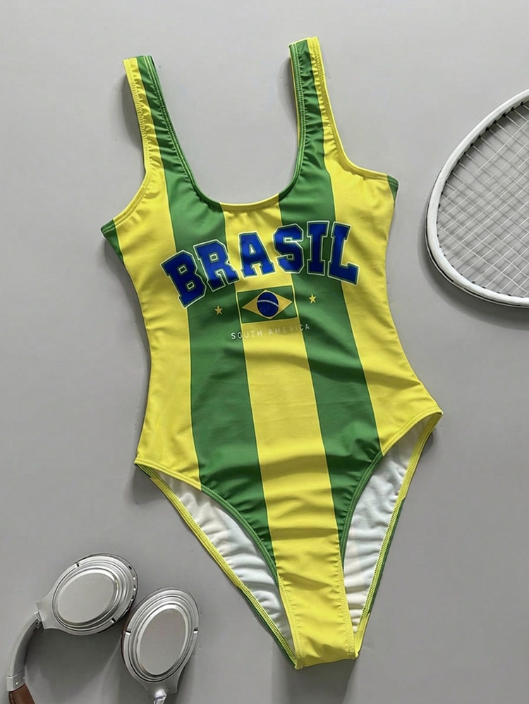 SHEIN Swim بدلة سباحة نسائية قطعة واحدة بحمالات مزدوجة جديدة من كأس العالم لكرة القدم البرازيل، ملابس سباحة نسائية كاجوال بألوان زاهية لعطلات الشاطئ والجزيرة وحفلات المسبح والرياضة والترفيه - أخضر - مشاهدة 2