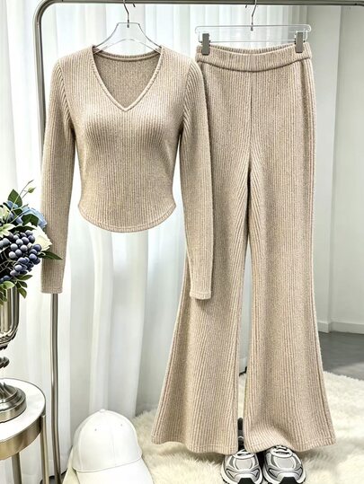 Franclia Bộ 2 món áo thun cổ chữ V tay dài và quần ống loe nữ phong cách thường ngày