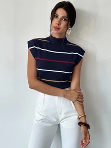 Firerie 女款初秋優雅高領寬鬆休閒百搭無袖海軍藍條紋針織背心外套上衣，適合約會通勤，法式條紋毛衣，時尚 - 白色 - 查看 7