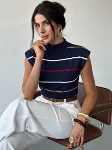 Firerie 女款初秋優雅高領寬鬆休閒百搭無袖海軍藍條紋針織背心外套上衣，適合約會通勤，法式條紋毛衣，時尚 - 白色 - 查看 9
