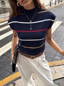 Firerie 女款初秋優雅高領寬鬆休閒百搭無袖海軍藍條紋針織背心外套上衣，適合約會通勤，法式條紋毛衣，時尚 - 白色 - 查看 14
