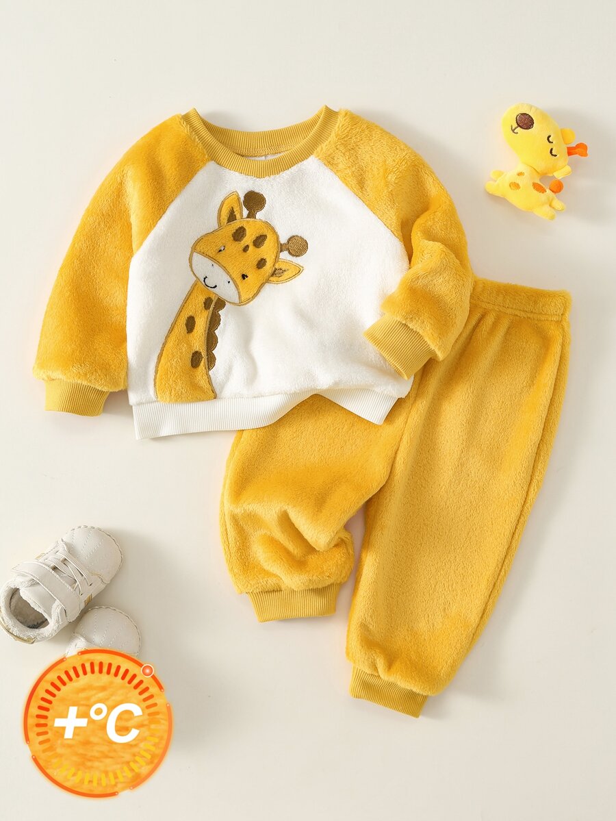 SHEIN 中性嬰兒男/女童、幼兒 2 件組秋冬保暖內裡加厚休閒可愛長頸鹿運動衫套裝,嬰兒運動服,嬰兒冬季衣物,萬聖節 - 黃色 - 查看 1