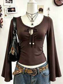 Lalippa Atasan Wanita Kasual Warna Polos Lengan Lonceng, Musim Gugur - Coklat - View 1
