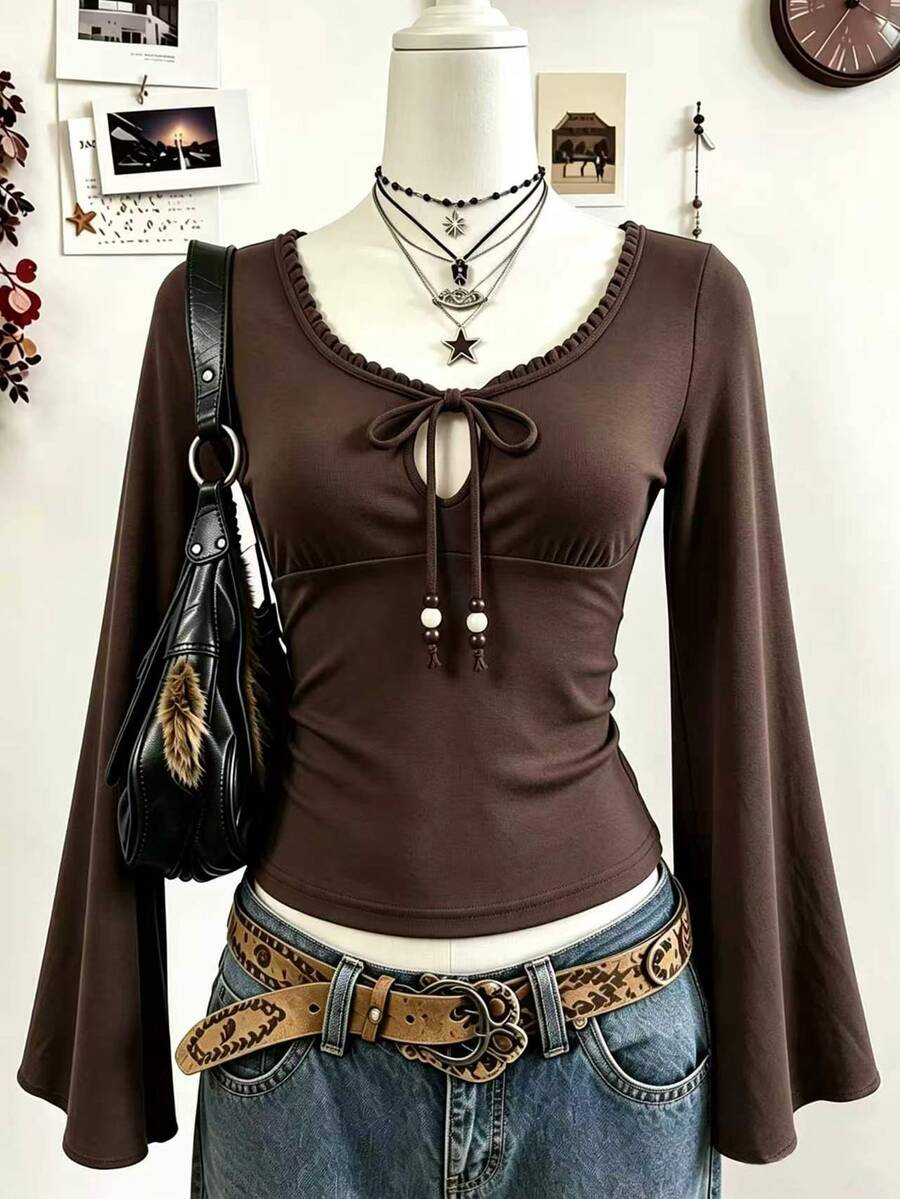 Lalippa Atasan Wanita Kasual Warna Polos Lengan Lonceng, Musim Gugur - Coklat - View 1