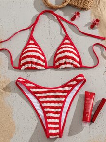 SHEIN Swim Summer2026 春夏歐美新款經典紅色復古條紋性感兩件式比基尼套裝，甜美辣妹掛脖綁帶三角杯拼色紅邊顯瘦遮肉，海灘度假休閒溫泉通用女款泳衣 - 彩色 - 查看 3