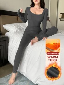 DAZY Fashionable Basic Slim Fitted Women Thermal Underwear Set Fall,Winter Pajama - Dark Grey - View 1