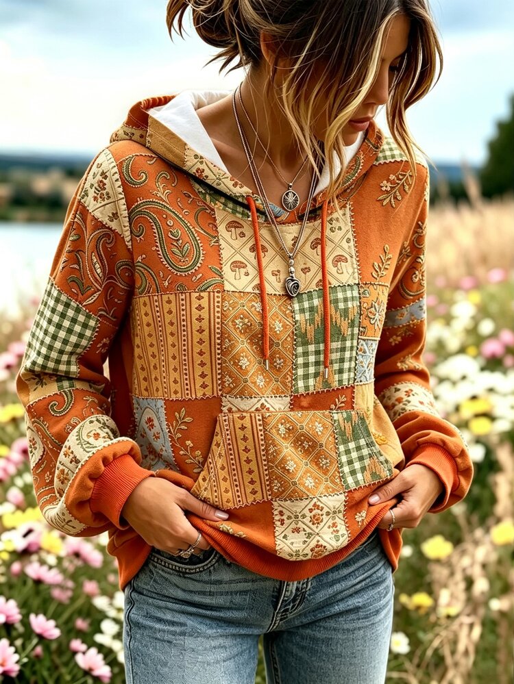 Breezaya Plus Size Women's Floral Printing Long Sleeve Casual Daily Fall/Winter Pocket Hoodie Sweatshirt - Multicolor - View 4