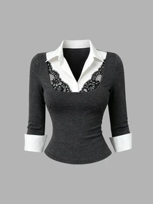 Sweetra Autumn Fashion Design New Vintage Collegiate Lace Patchwork Waist-Flattering Slimming 2 In 1 Women's Blouse - Grey - View 1