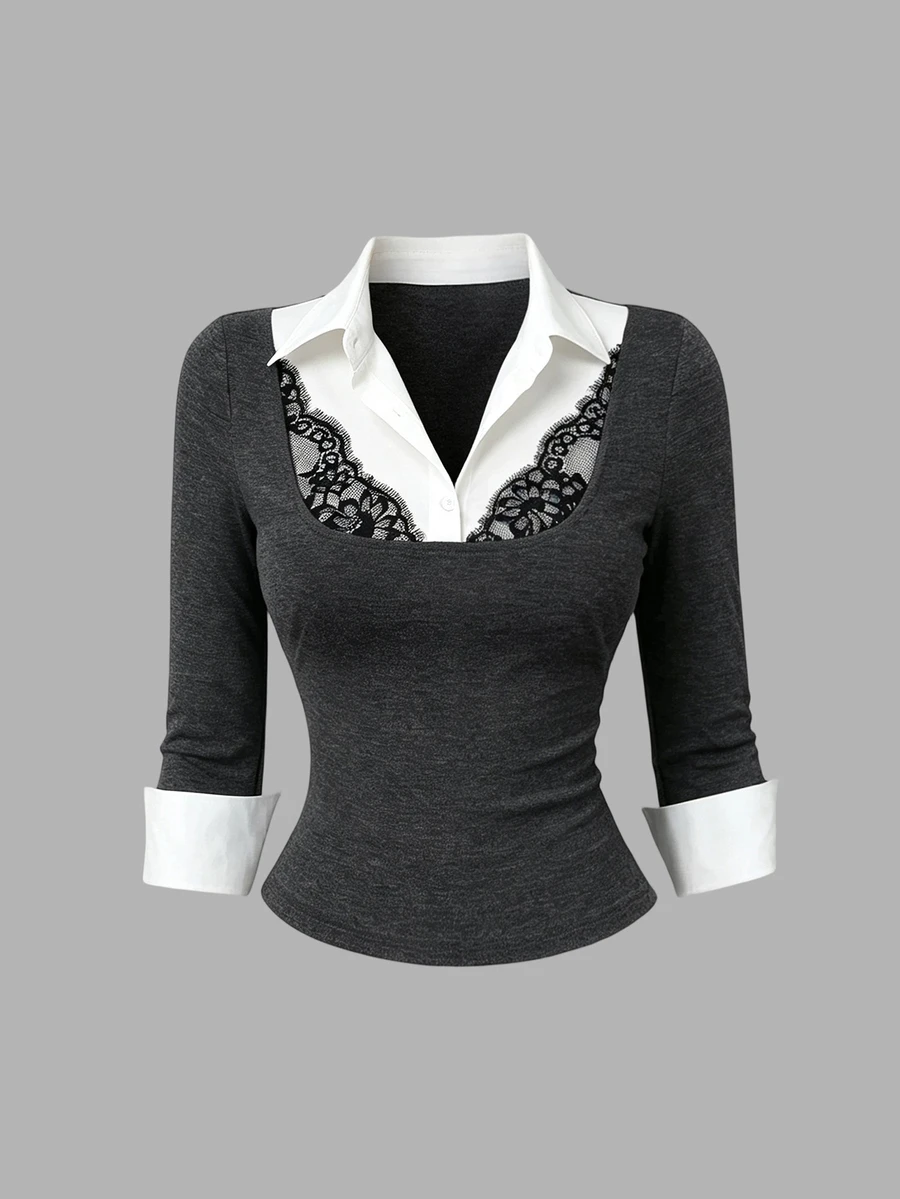 Sweetra Autumn Fashion Design New Vintage Collegiate Lace Patchwork Waist-Flattering Slimming 2 In 1 Women's Blouse - Grey - View 1