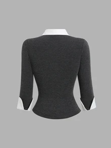 Sweetra Autumn Fashion Design New Vintage Collegiate Lace Patchwork Waist-Flattering Slimming 2 In 1 Women's Blouse - Grey - View 2
