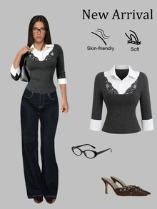 Sweetra Autumn Fashion Design New Vintage Collegiate Lace Patchwork Waist-Flattering Slimming 2 In 1 Women's Blouse - Grey - View 3