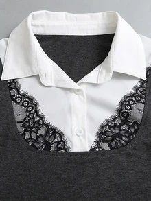 Sweetra Autumn Fashion Design New Vintage Collegiate Lace Patchwork Waist-Flattering Slimming 2 In 1 Women's Blouse - Grey - View 5