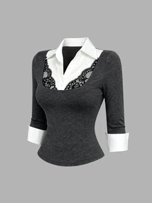 Sweetra Autumn Fashion Design New Vintage Collegiate Lace Patchwork Waist-Flattering Slimming 2 In 1 Women's Blouse - Grey - View 7