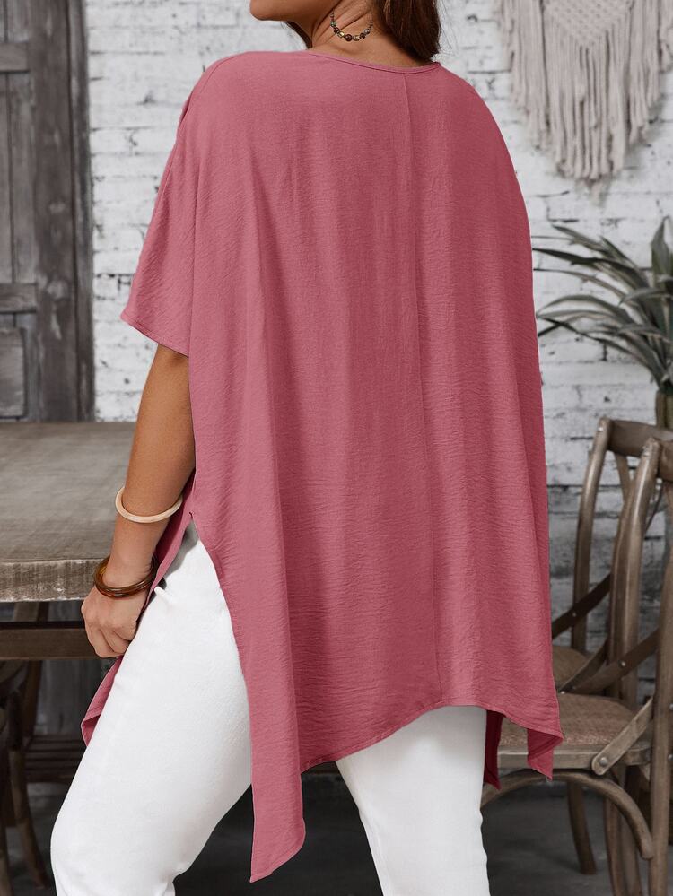 EMERY ROSE Plus Size Women Summer Casual Vacation Daily Commute Solid Color V-Neck Batwing Sleeve Asymmetric Hem Loose Blouse, Summer Tops - Dusty Pink - View 2