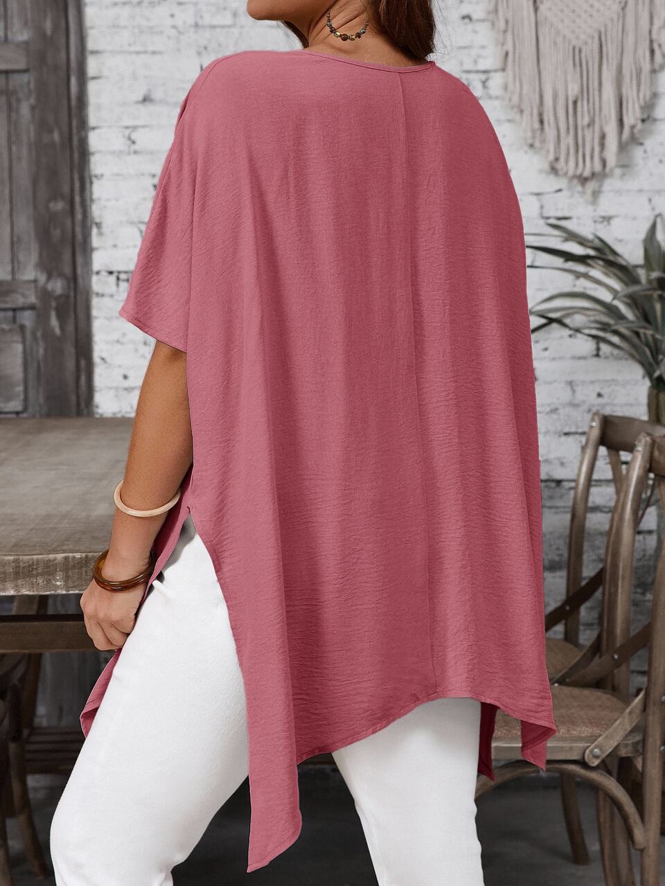 Plus Size Women Summer Casual Traditional Vacation Solid Color V-Neck Batwing Sleeve Asymmetric Hem Loose Blouse Tops Brunch Formal Dusty Pink