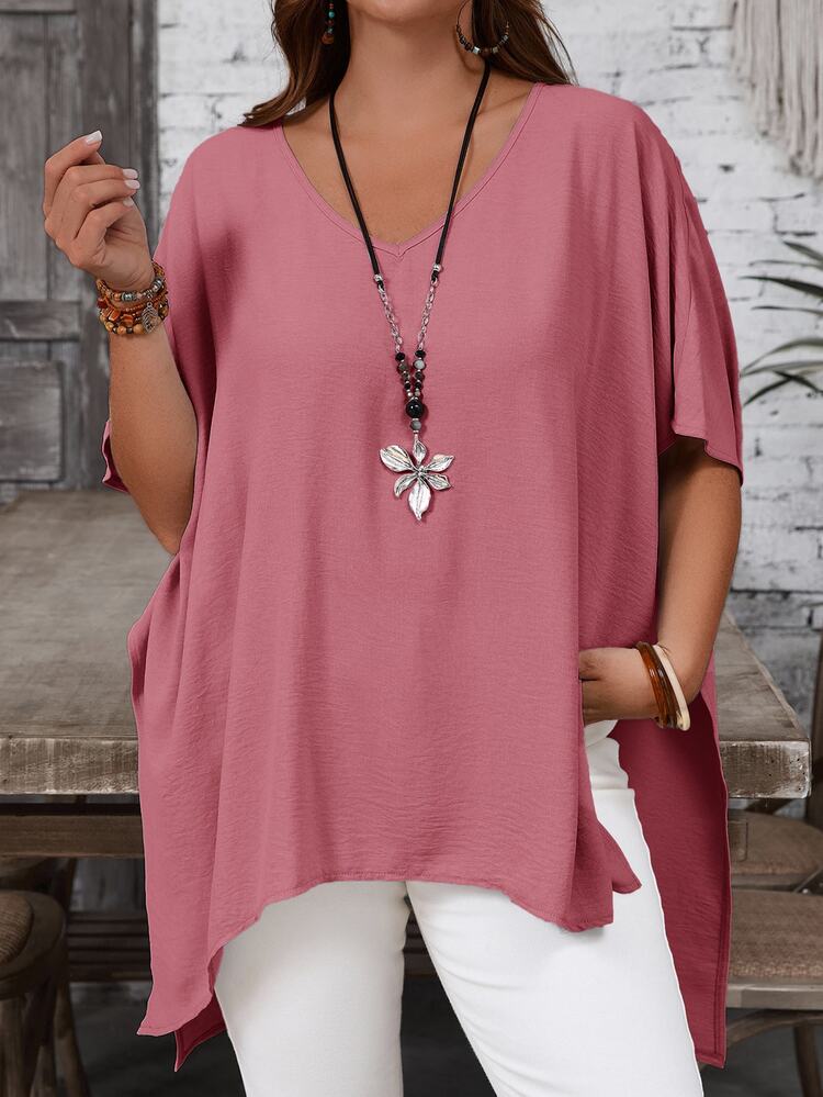 EMERY ROSE Plus Size Women Summer Casual Vacation Daily Commute Solid Color V-Neck Batwing Sleeve Asymmetric Hem Loose Blouse, Summer Tops - Dusty Pink - View 4