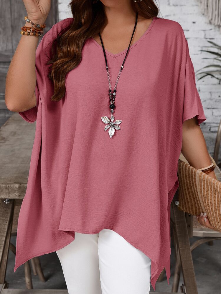 EMERY ROSE Plus Size Women Summer Casual Vacation Daily Commute Solid Color V-Neck Batwing Sleeve Asymmetric Hem Loose Blouse, Summer Tops - Dusty Pink - View 6