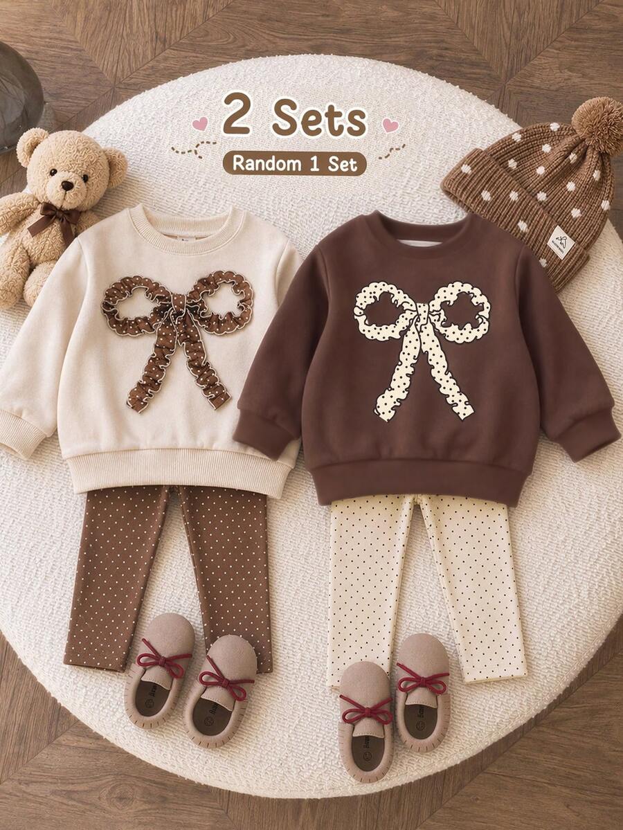 SHEIN Paleta de Cores Outono Mocha, Cores Creme Latte e Cacau, Estampa de Padrão de Laço com Borda Ondulada Desenho à Mão Fofo e Fashion, Moletom Pulôver Casual Macio Confortável Solto com Gola Redonda e Legging Grossa com Bolinhas 2 Peças, Adequado para Outono/Inverno, Uso Diário, Escola, Passeios, Halloween, Natal, Estilo Feminino - Multicolorido - Visão 1