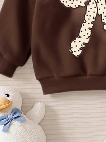 SHEIN Paleta de Cores Outono Mocha, Cores Creme Latte e Cacau, Estampa de Padrão de Laço com Borda Ondulada Desenho à Mão Fofo e Fashion, Moletom Pulôver Casual Macio Confortável Solto com Gola Redonda e Legging Grossa com Bolinhas 2 Peças, Adequado para Outono/Inverno, Uso Diário, Escola, Passeios, Halloween, Natal, Estilo Feminino - Multicolorido - Visão 5