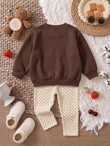 SHEIN Paleta de Cores Outono Mocha, Cores Creme Latte e Cacau, Estampa de Padrão de Laço com Borda Ondulada Desenho à Mão Fofo e Fashion, Moletom Pulôver Casual Macio Confortável Solto com Gola Redonda e Legging Grossa com Bolinhas 2 Peças, Adequado para Outono/Inverno, Uso Diário, Escola, Passeios, Halloween, Natal, Estilo Feminino - Multicolorido - Visão 3