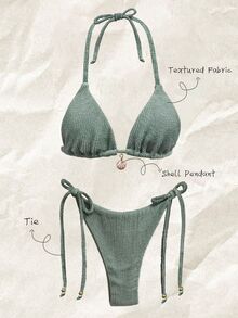 SHEIN Swim 女士提花面料露背金属装饰性感比基尼套装，夏季 - 青檸色 - 查看 5