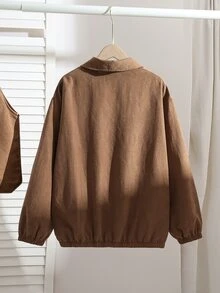 SHEIN 青少年女孩休閒街頭風寬鬆拉鍊長袖外套，適合日常穿著與度假，秋冬工作棕色 - 棕色 - 查看 3