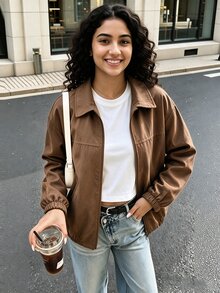 SHEIN 青少年女孩休閒街頭風寬鬆拉鍊長袖外套，適合日常穿著與度假，秋冬工作棕色 - 棕色 - 查看 10