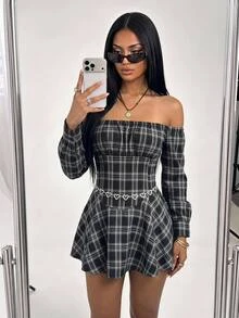 Sweetina Casual Preppy Style Off Shoulder Lantern Sleeve Mini Dress - Grey - View 7